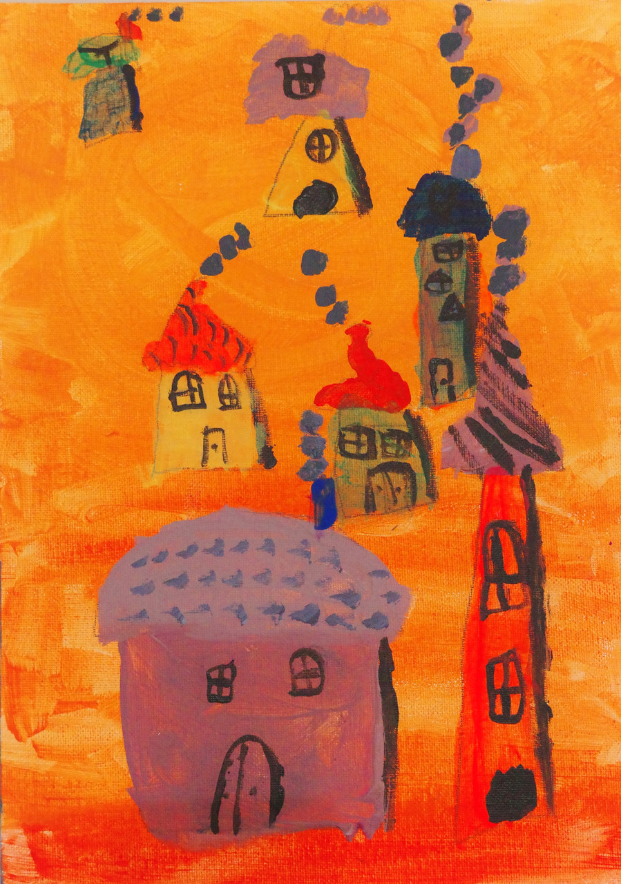 Buildings over an orange background.