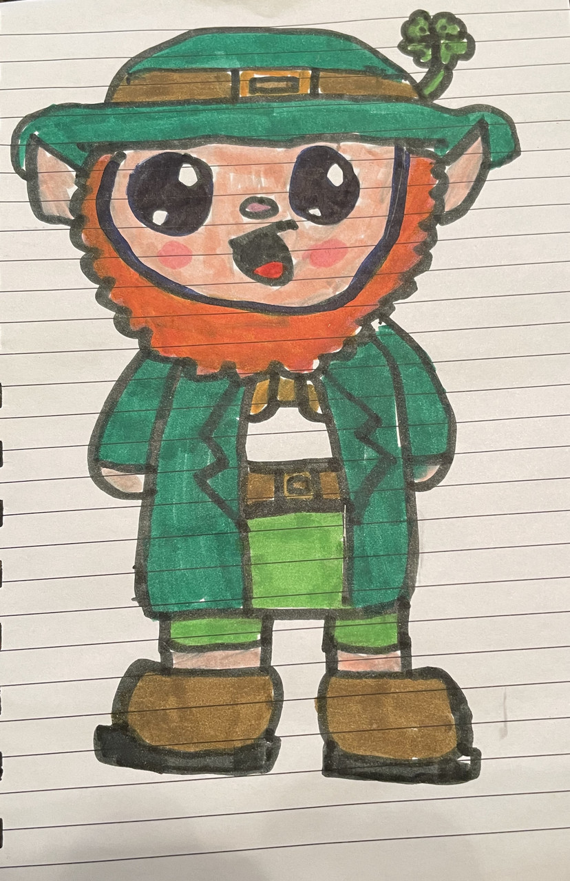 Happy leprechaun dressed in green with a bright red beard.