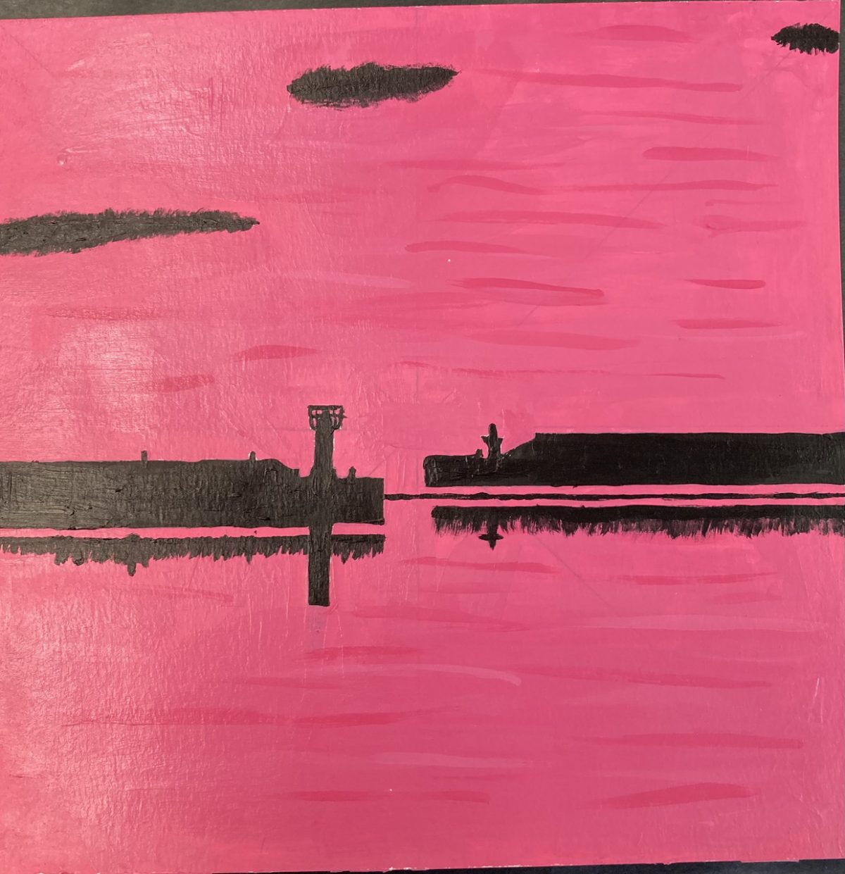 landscape of water and land in neon pink and black.
