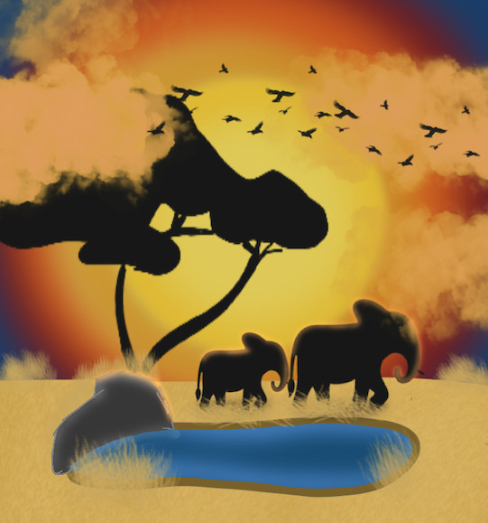 Elephants under a sunset.