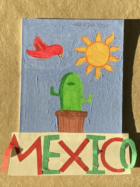 Painting of a cactus and a bird on a blue sky background with a sun, with the text MEXICO in front.