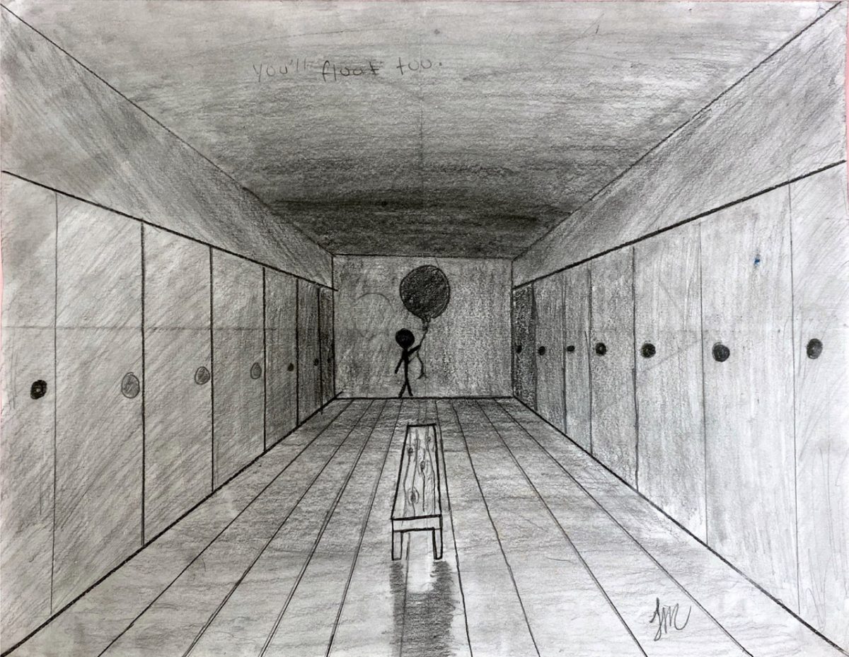 Drawing of a haunted locker room done with graphite pencil on paper.