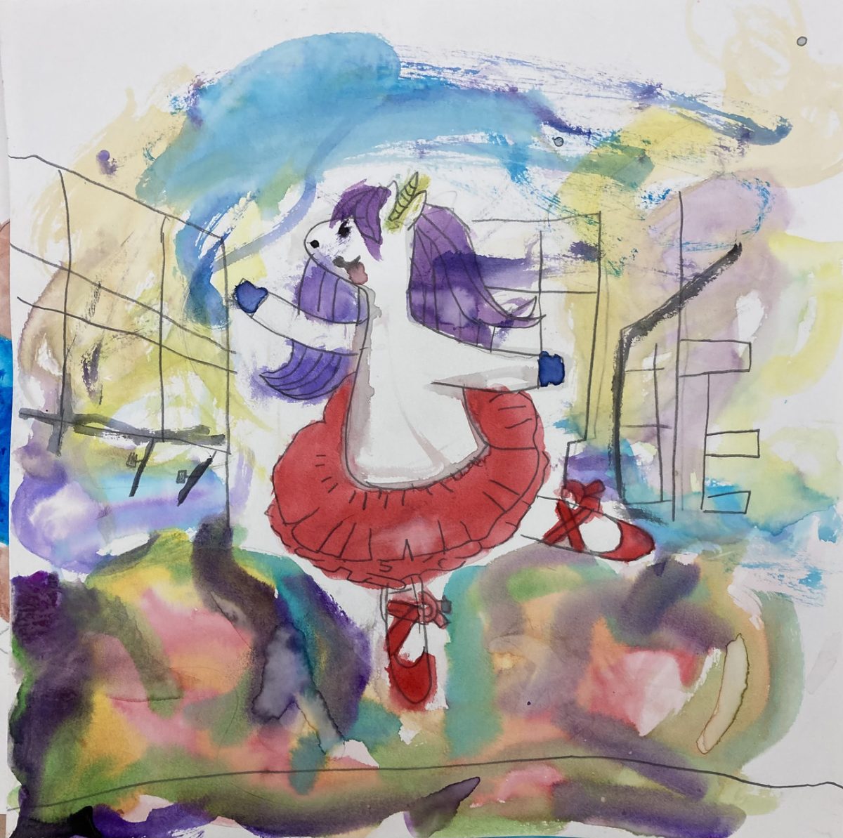 A unicorn dancing in a colorful setting.