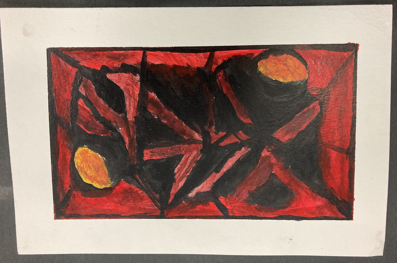 abstract painting with red and black shapes