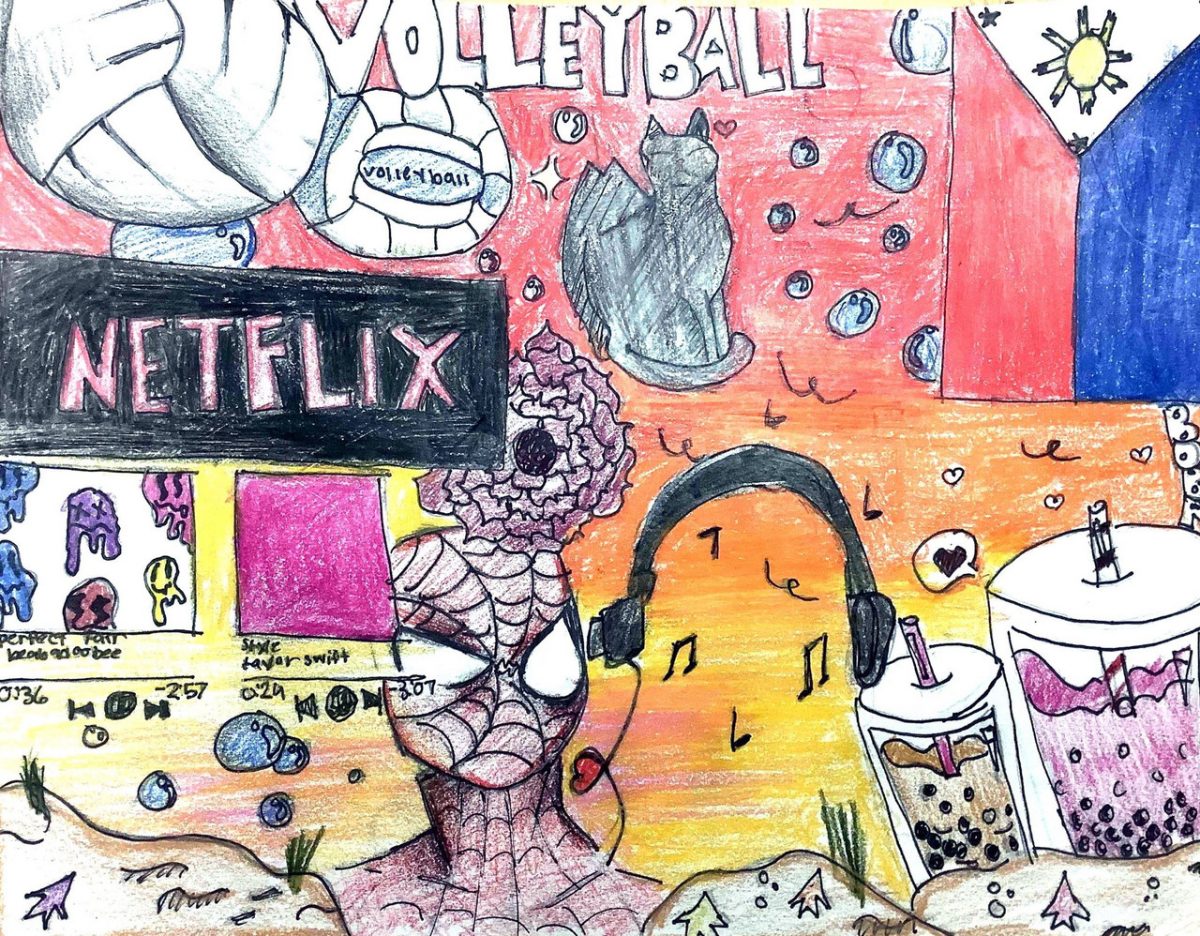 Drawing over a pink and orange backgrounds with many separate drawing pieces including headphones, boba tea, and a volleyball.