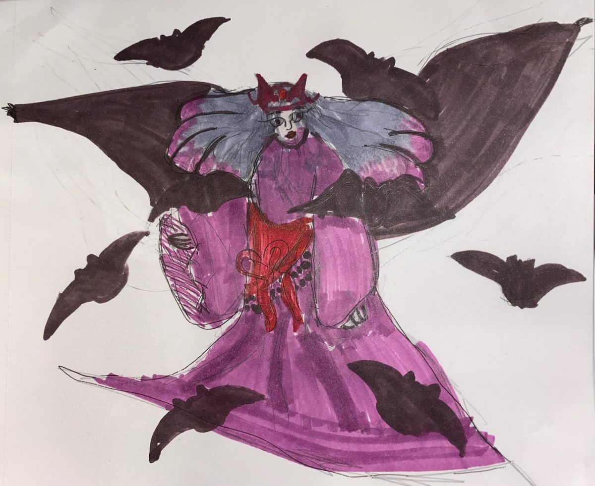 Drawing of a vampire and bats made with marker, pencil, and thin pen.