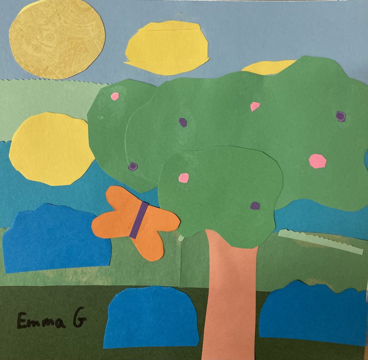 Collage of a cherry tree and a garden with a butterfly.