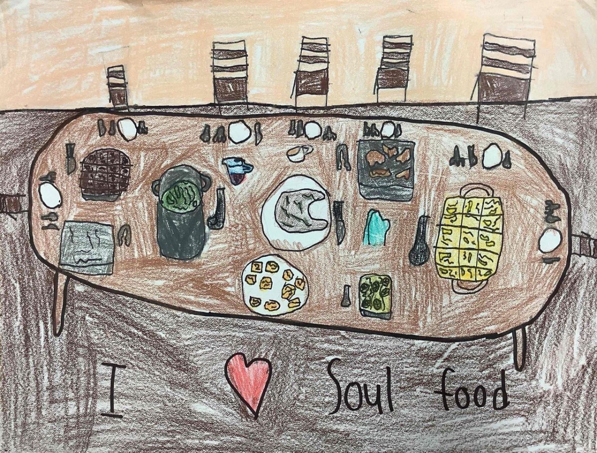 Drawing of a big table with lots of food on it, surrounded by chairs. The bottom of the drawing reads "I Love Soul Food."