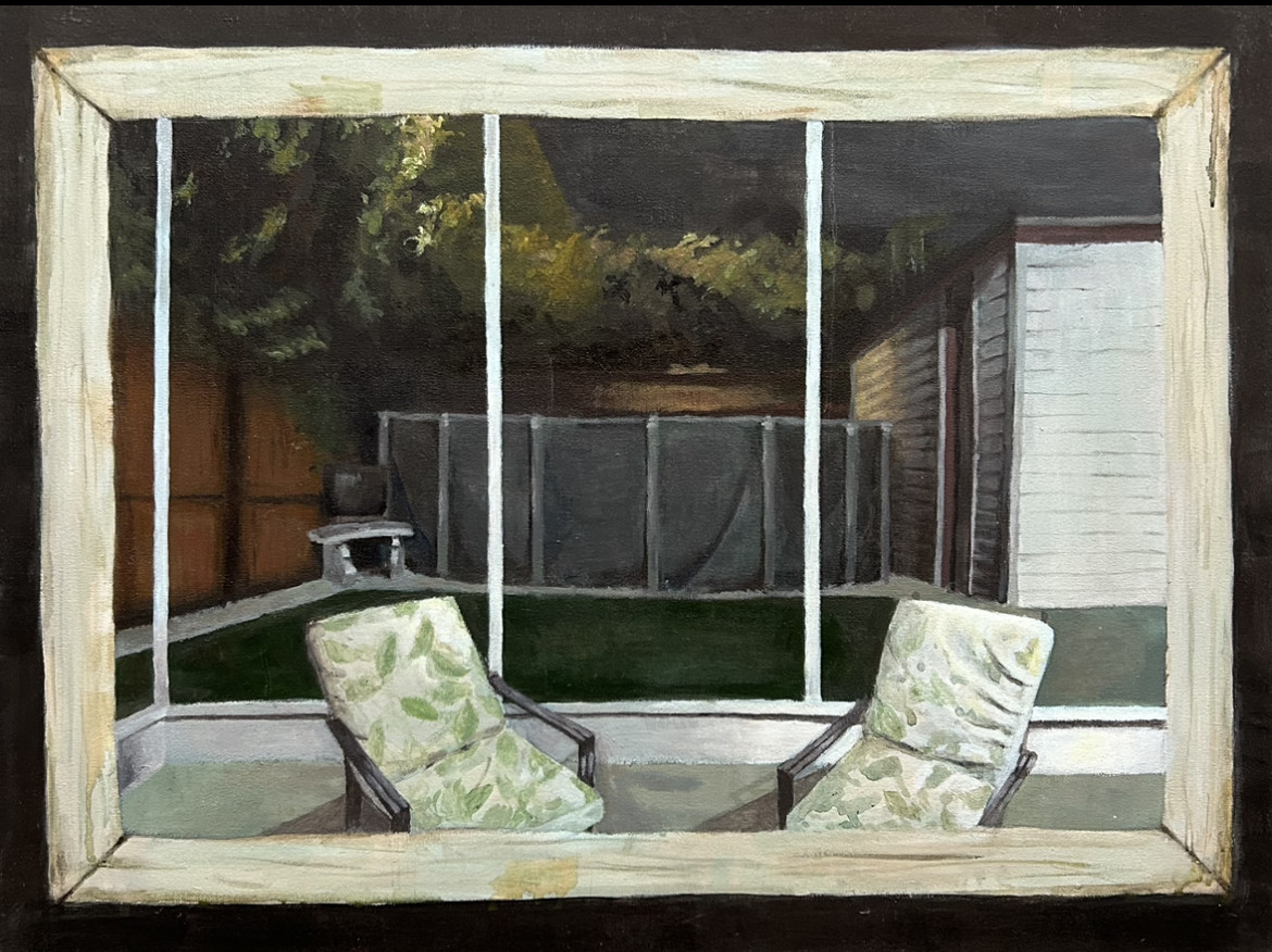 A painting of a view through an old window. There are 2 leaf patterned lawn chairs with grass behind them and a gray gate.