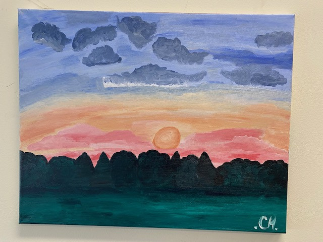 An acrylic painting of a sun setting over a field and trees.