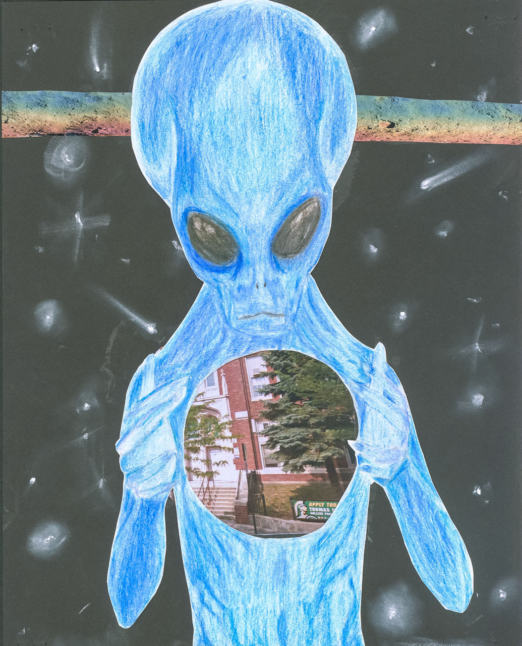 A drawn blue alien holding a circular photo of a school. The background is black with a blue yellow and red blended line and white speckles across the background.