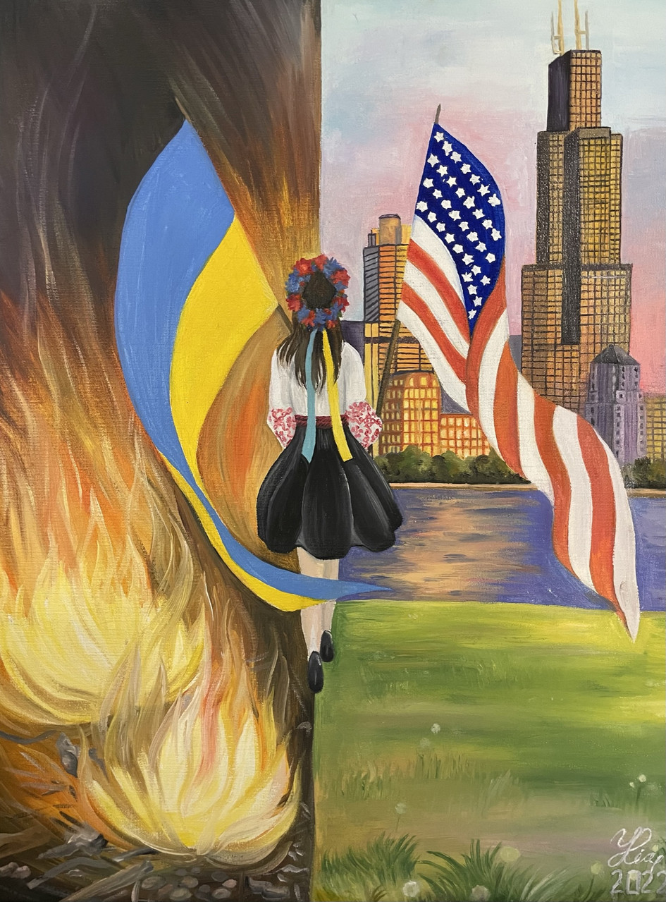 A painting of a girl holding a Ukranian flag in one hand and an American flag in the other hand. On the left side there are flames. On the right side there is the Willis Tower and other Chicago buildings. She is facing the flames and city.