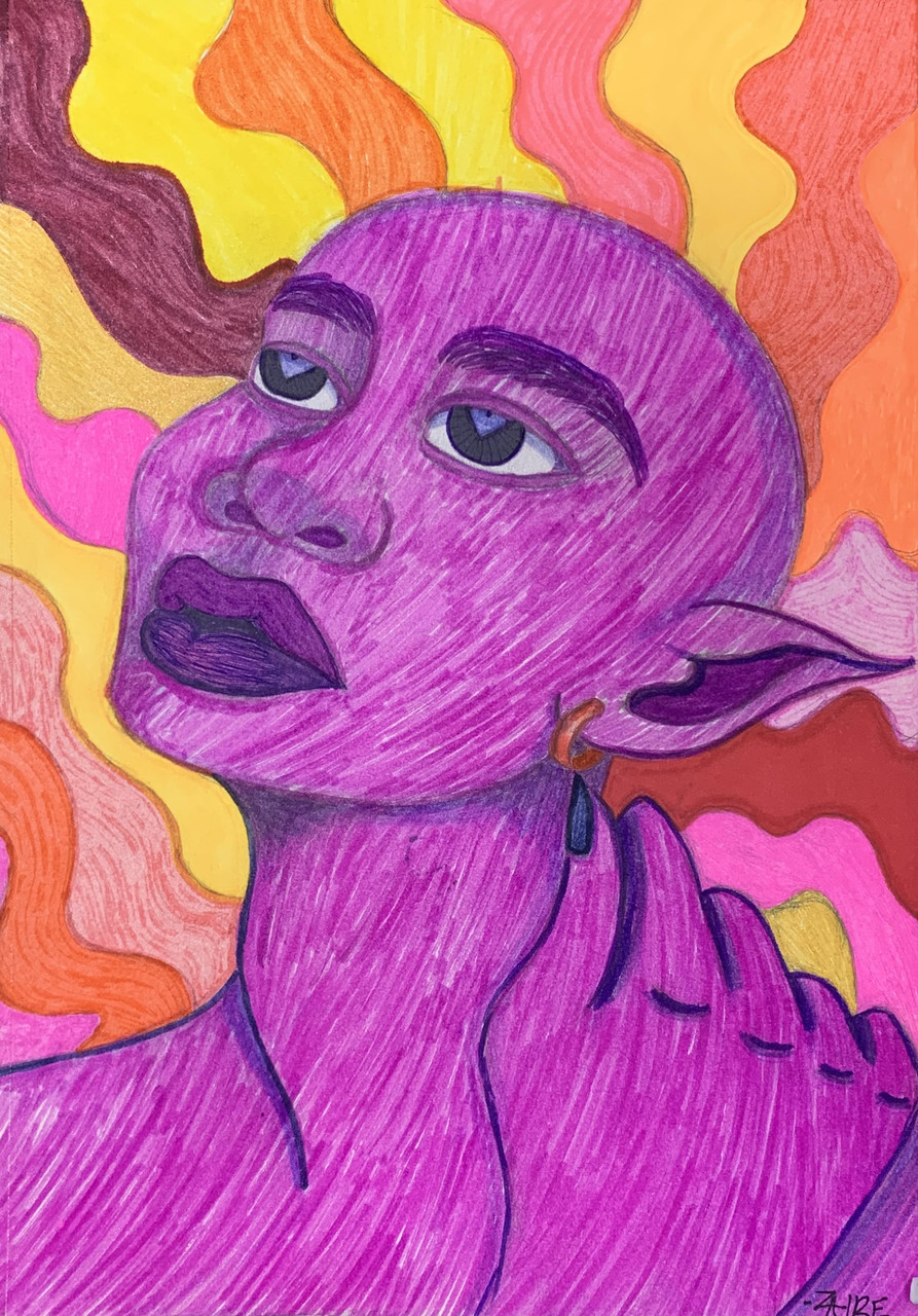 A marker drawing showing the head of a purple human-like character with sharp ears. The background is a colorful wavy line pattern.