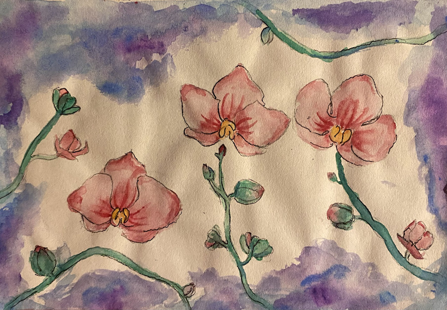3 Pink flowers with purple and blue watercolor painted edges.