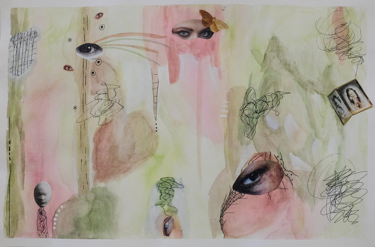 A collage of eyes and watercolor background
