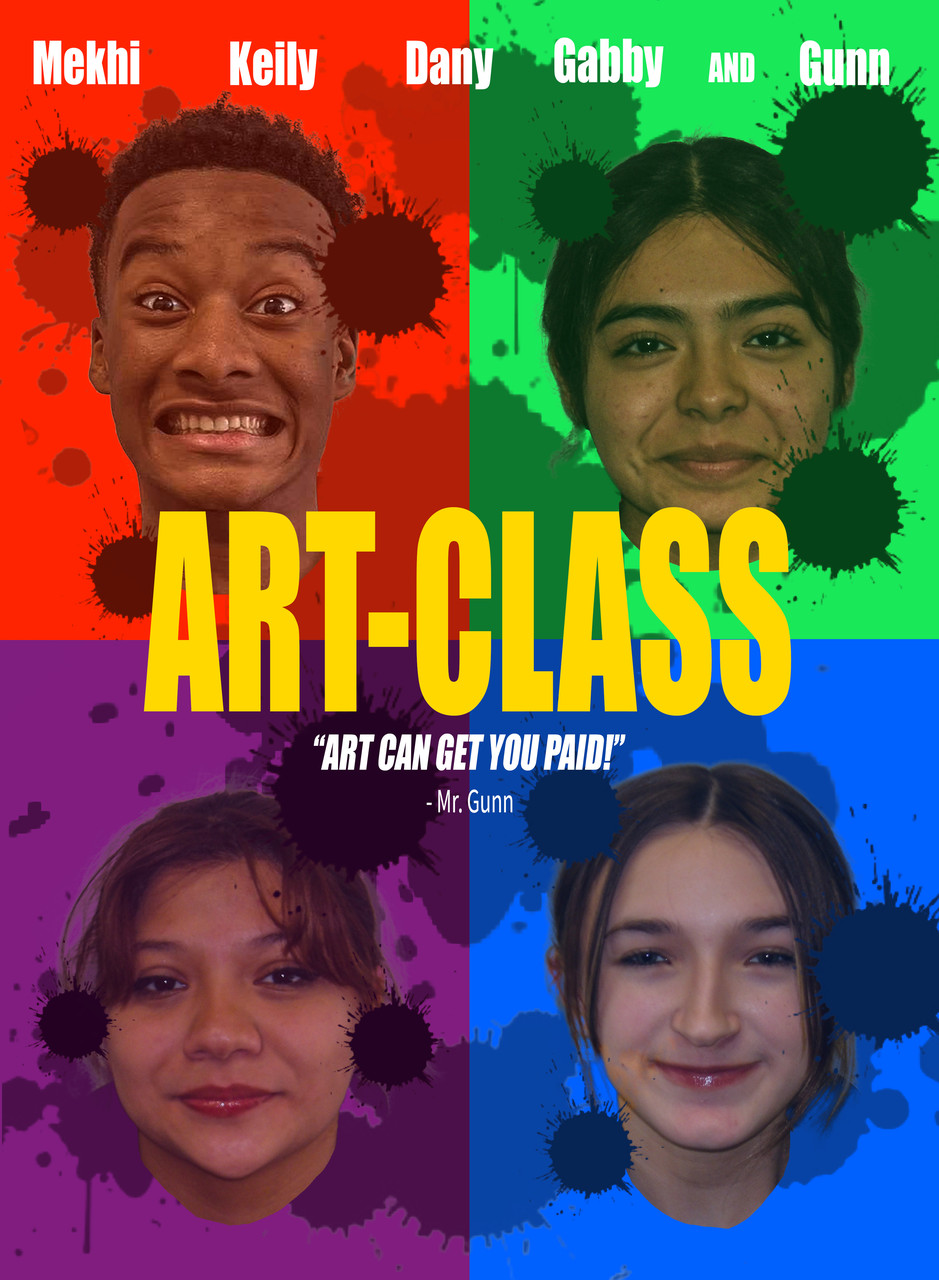 A digital collage divided into 4 sections. The top left is red, the bottom left is purple, the bottom right is blue and the top right is green. Each section has a photo of a child. The middle of the digital piece says Art-Class.