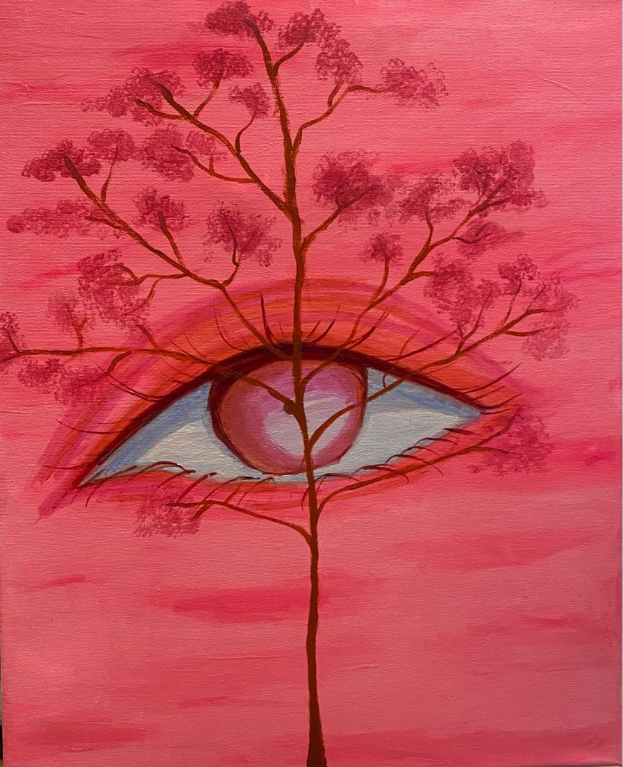 A monochromatic pink painting of one eye with a thin tree placed in front of it.