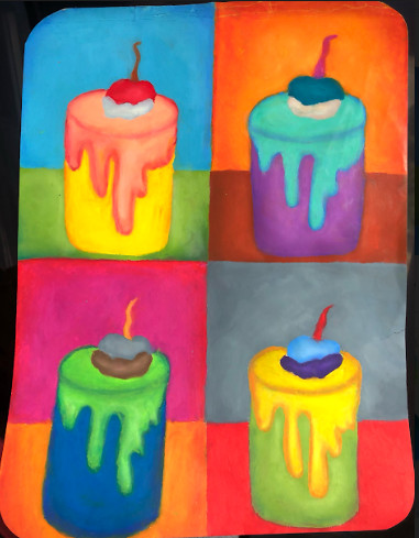An Andy Warhol inspired oil pastel drawing. 4 repeated cupcakes with different vibrant colors.
