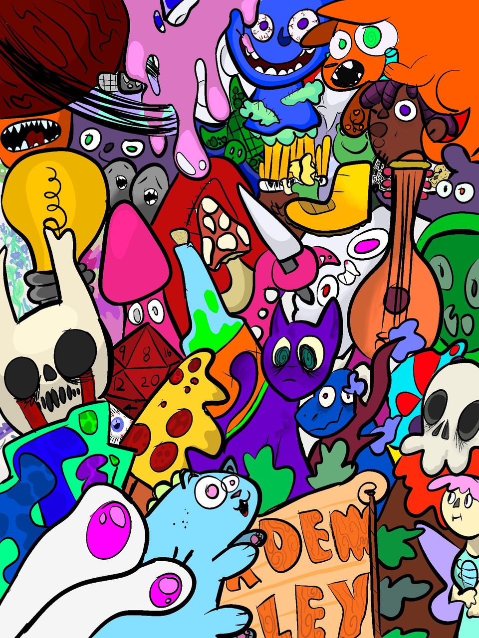 Digital artpiece with many characters and objects like a ukulele and a melting pizza layered over each other in bright colors.