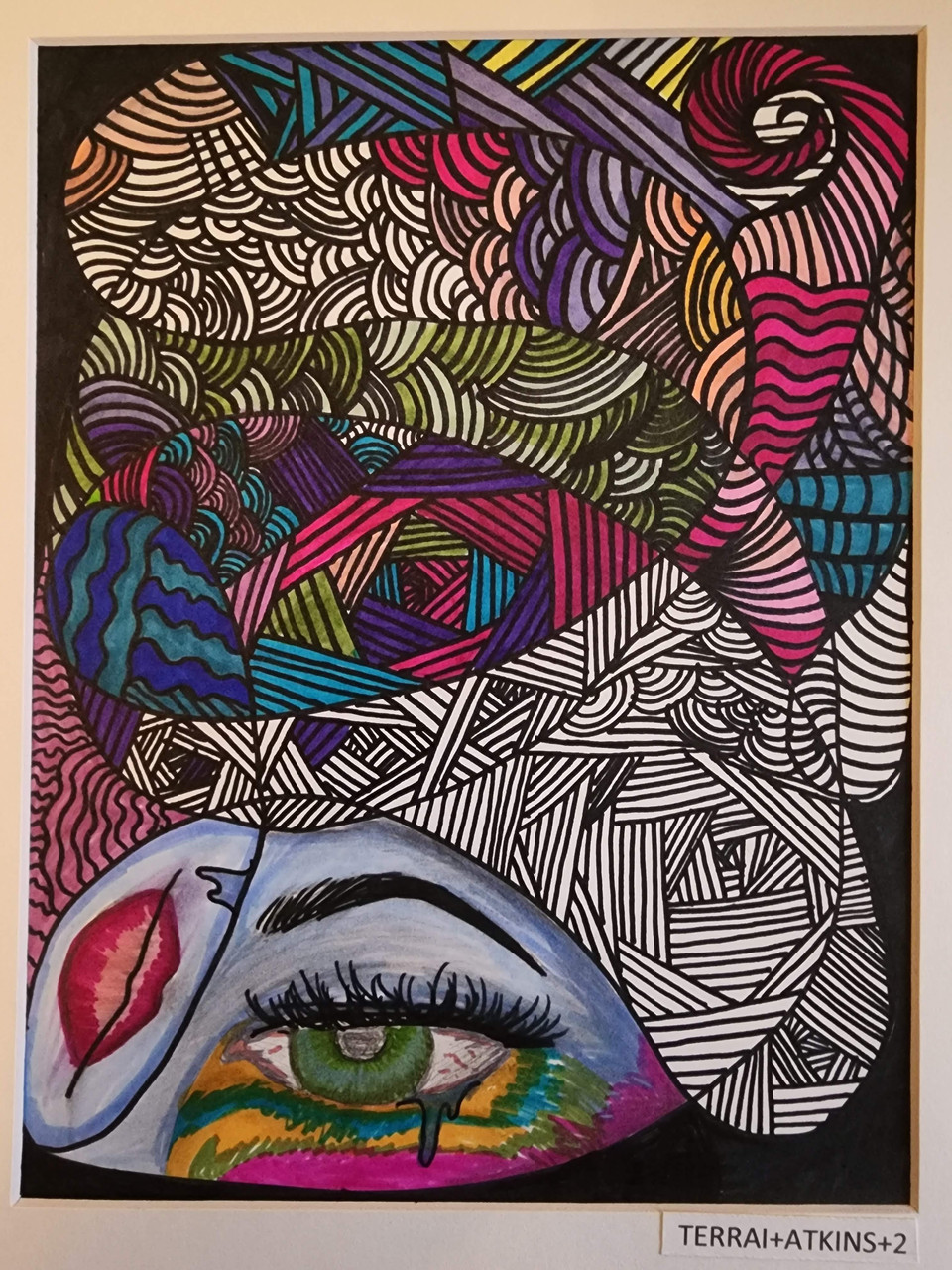 A green eye is drawn at the bottom of the page. The rest of the page is textured with many lines that are colored in.