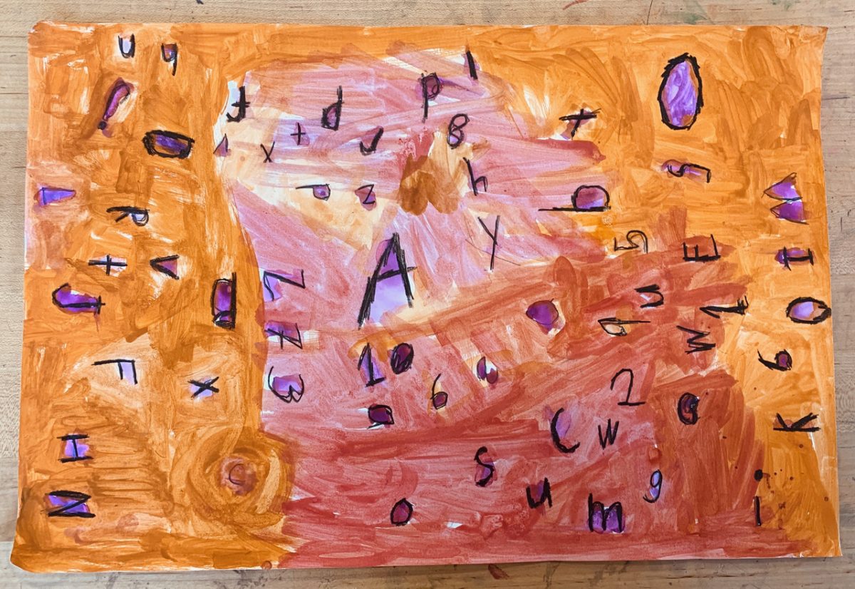 Orange and pink painted background is covered with written numbers and letters.