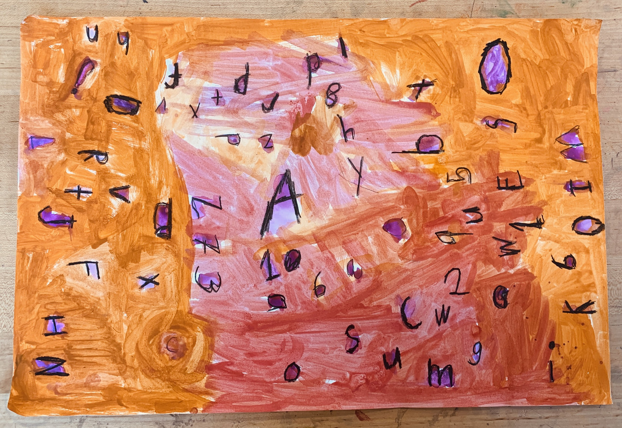 Orange and pink painted background is covered with written numbers and letters.