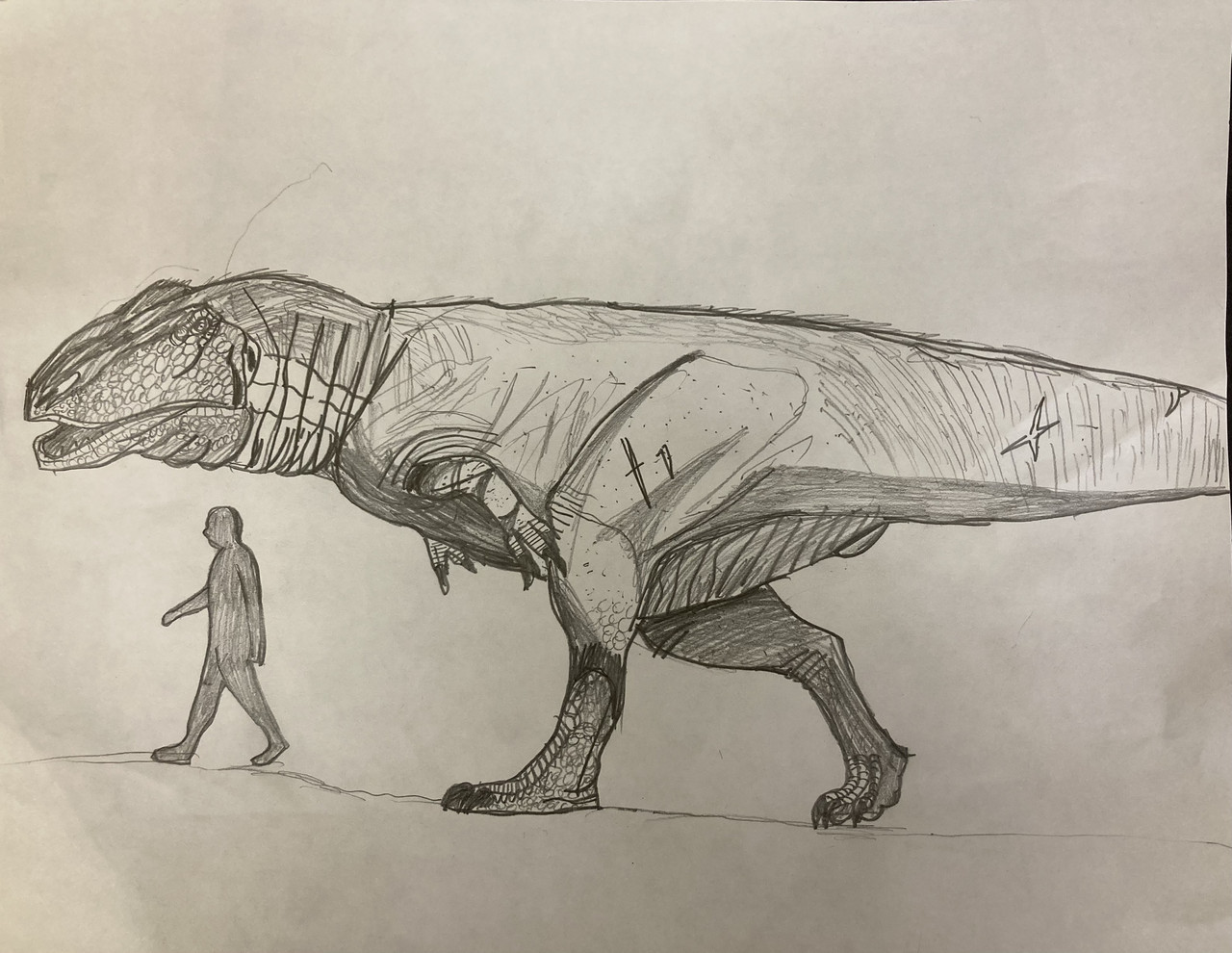 A large dinosaur walks behind a much smaller person.