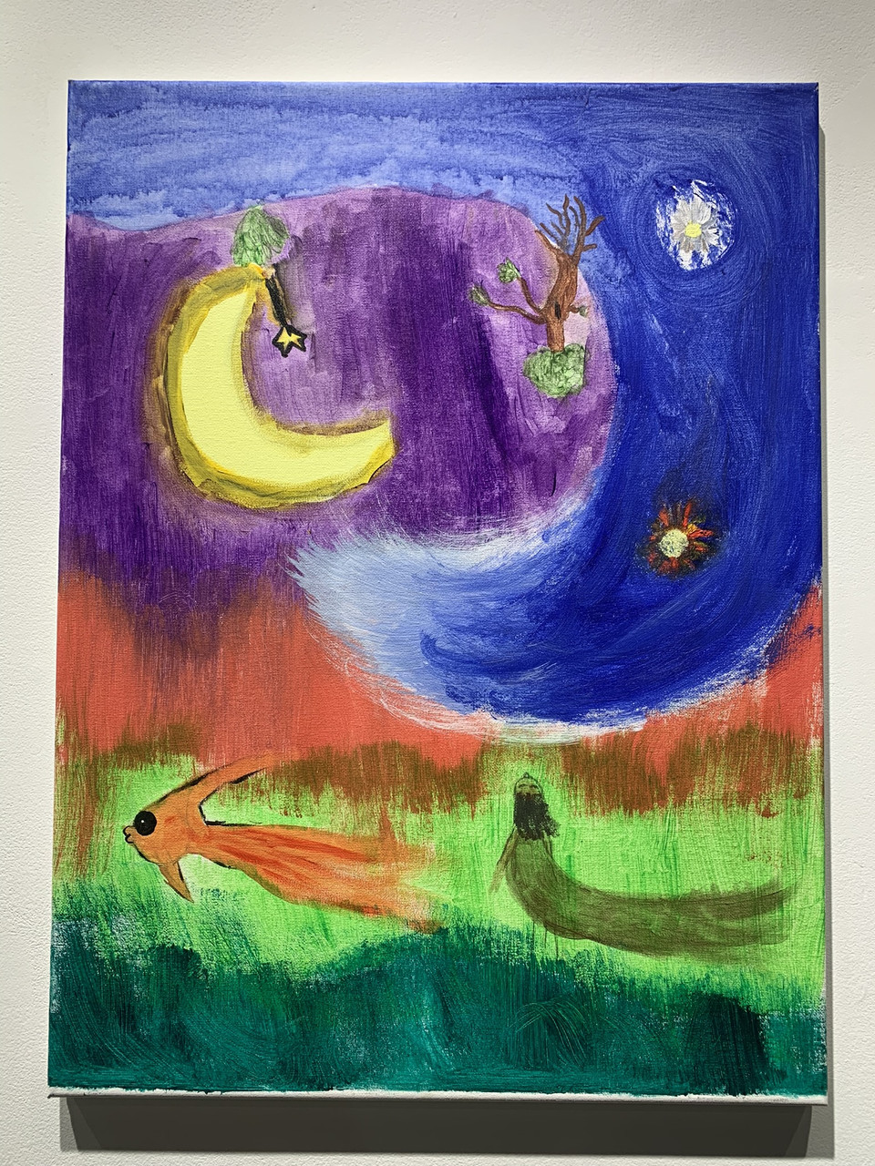 Painting of a purple, orange, and blue sky with a bright yellow crescent moon. Under is a being flying through a green background.