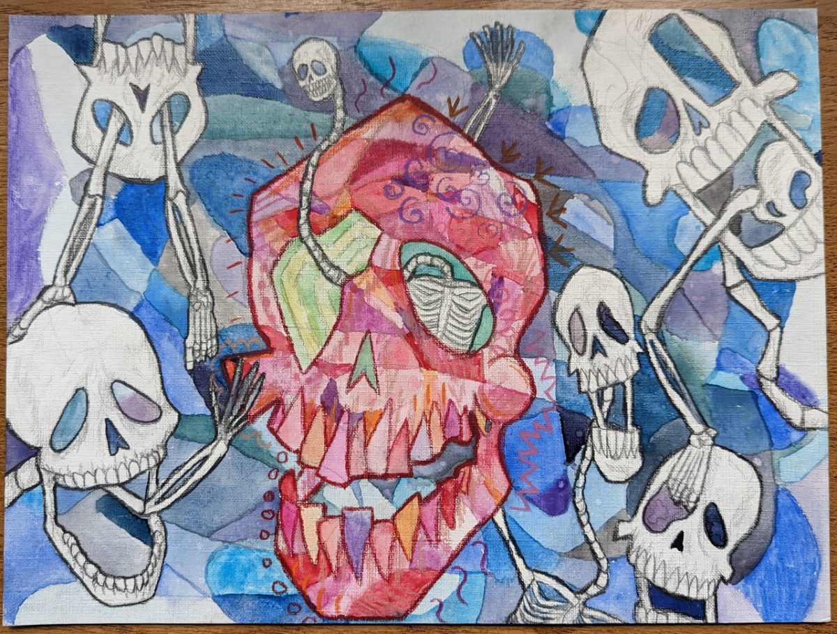 Complex drawing of many white skulls surrounding a larger red skull in the center. Lines connect all the calls over a multi-toned blue background.