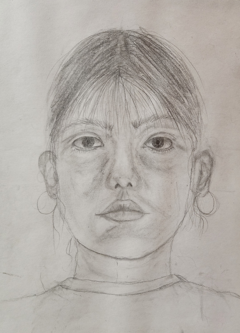A graphite self portrait drawing of a person with bangs and earrings.