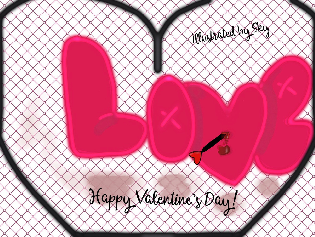 Love is written in large, pink, artistic letters. It is surrounded by a black heart outline. Underneath the love says "Happy Valentine's Day."