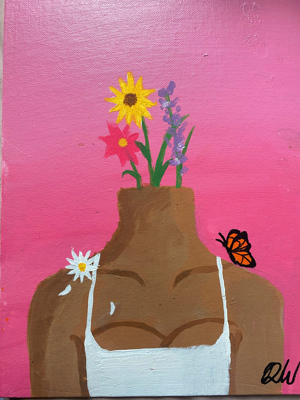 A painting of a person with no head. Flowers are blooming at the neckline in place of the head. The person is wearing a white top. The art piece has a pink background.
