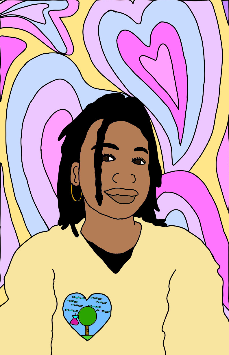 Digital illustration of a young girl in a yellow sweater wearing a blue heart badge. She is in front of a background of bright pink, blue, and yellow hearts layered over eachother.