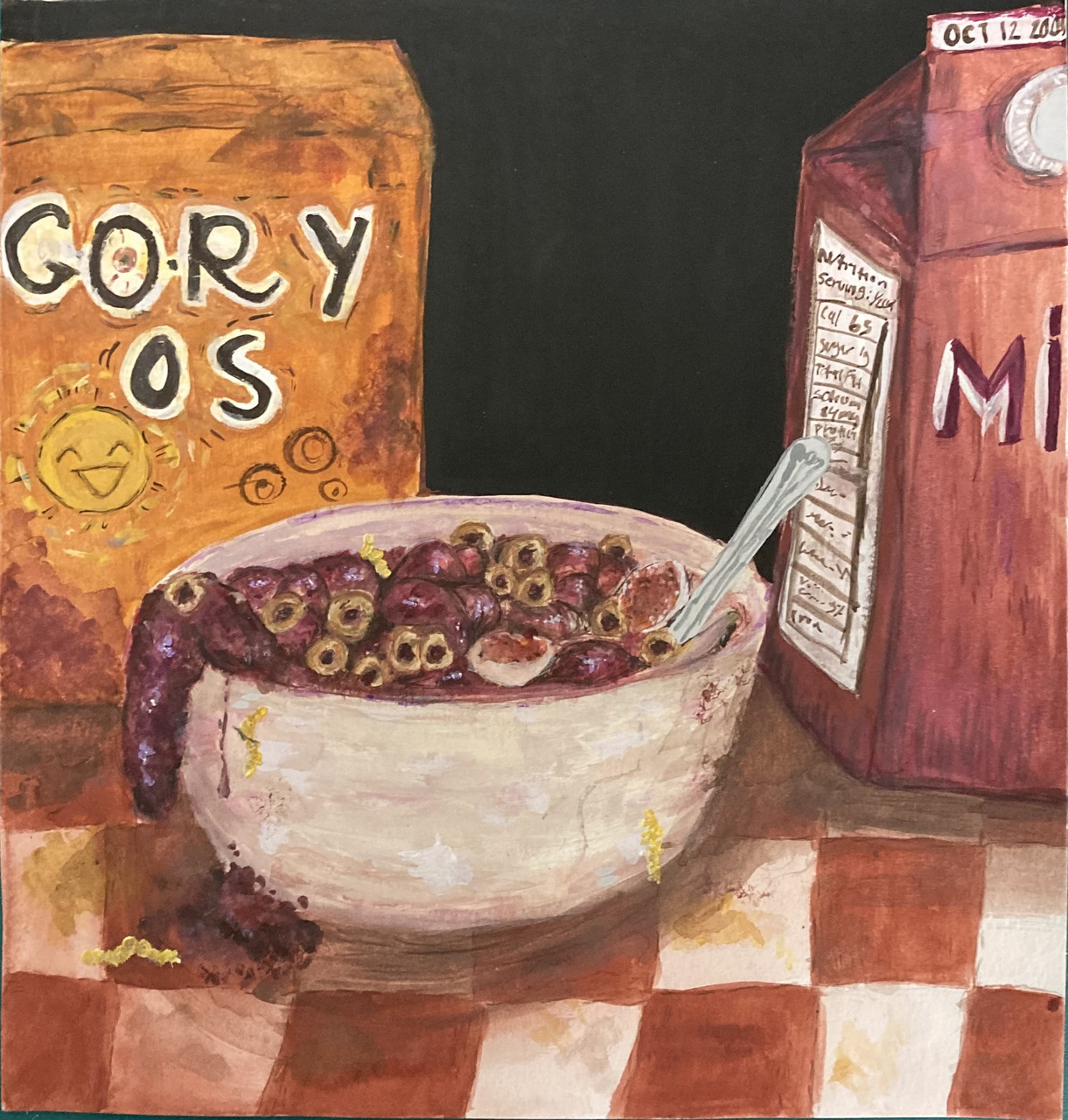 A guache painting of guts spilling out of a cereal bowl. The bowl is resting on a plaid table. Behind the cereal bowl is a box of cereal and carton of milk.