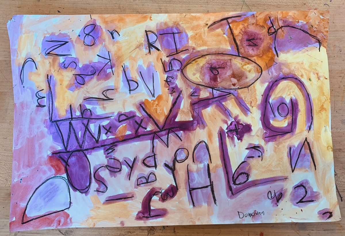 Letters and numbers are written in purple over an orange and purple watercolor background.