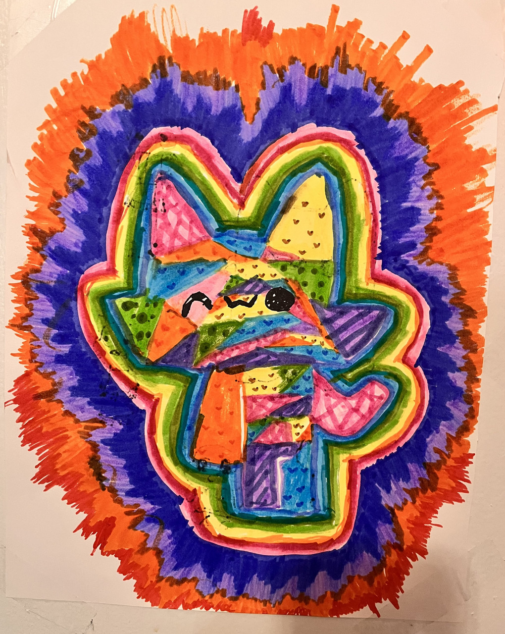 A smiling cat is drawing with many bright colors. Purple and orange line exude from the cat.