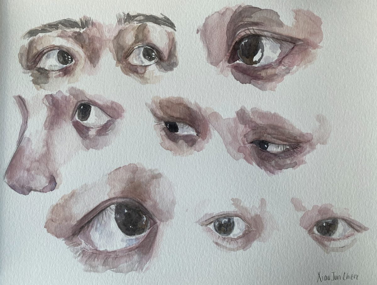 Watercolor painted series of eyes looking in different directions.