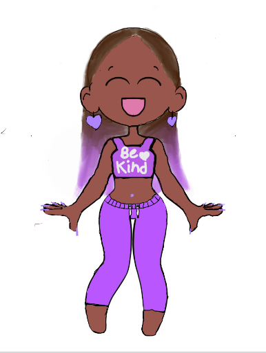 Happy girl in a purple matching set. Her top says " Be Kind."