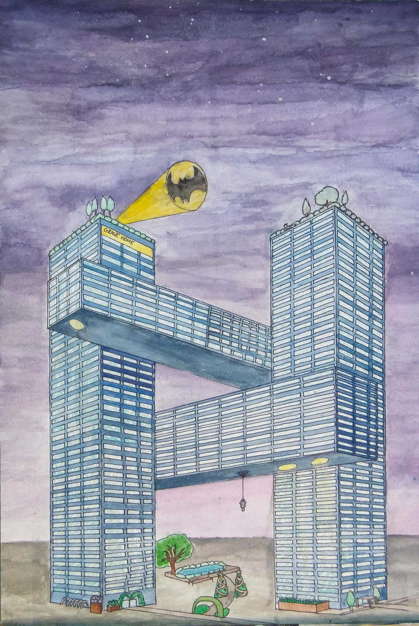 A drawing of a building with a batman logo. There are trees below the building and a hanging spider web.