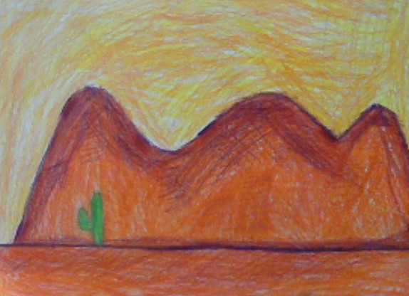 Drawing of a bright orange and red mountain with a yellow sky and a cactus.
