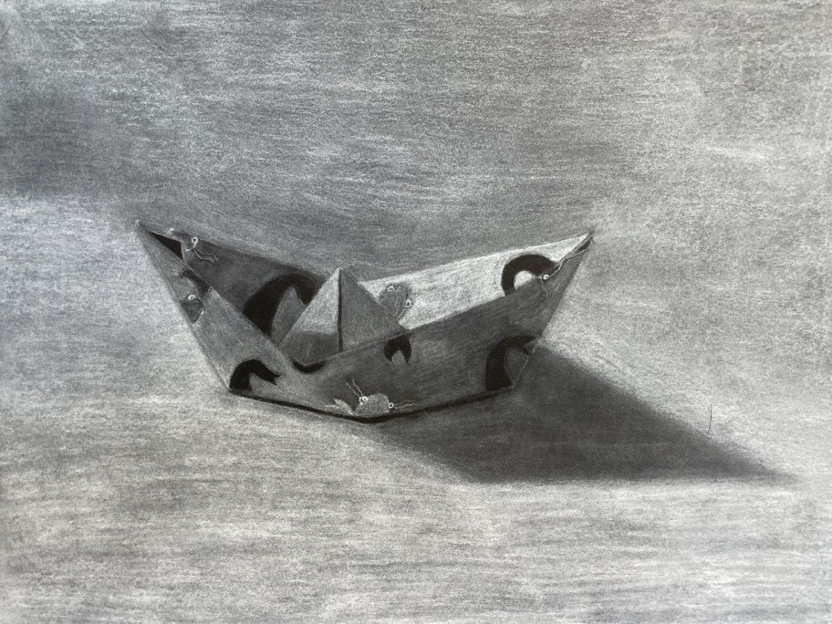 A charcoal on paper drawing of a folded up paper boat. The boat is designed with drawn creatures.