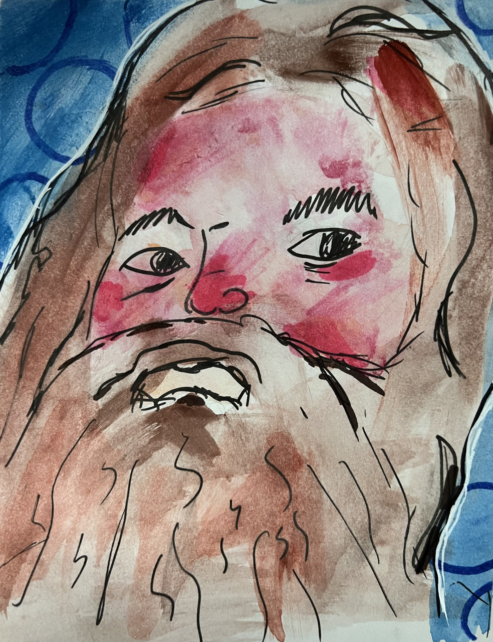 Painting of Rubeus Hagrid. He has long brown hair and a long brown beard. His face is painted in shades of pink.