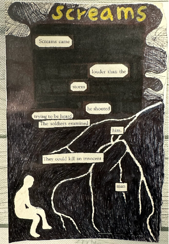 Sharpie is used to black out parts of a book page. A figure crouches at the bottom of the drawing. "Screams" is written in yellow at the top of the drawing.