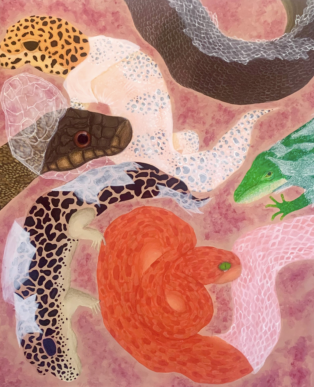 A painting of snakes with their skins.