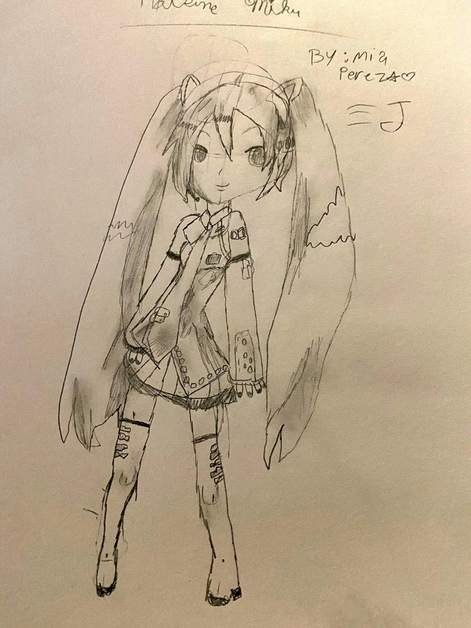 Drawing of an anime style girl with long pigtails, a short dress, and high socks.