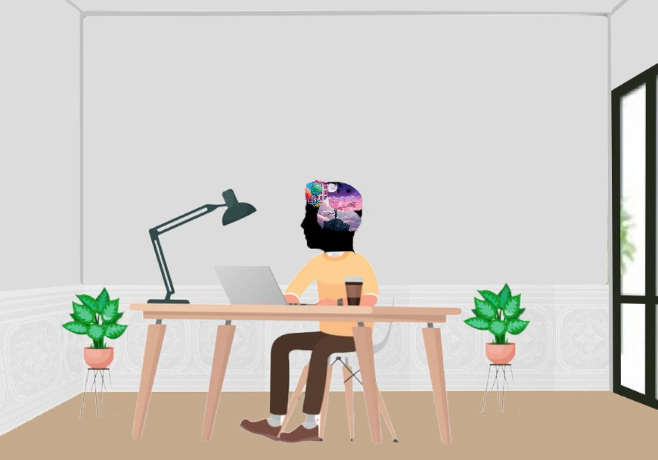 A digital piece of a person sitting at a table working on a laptop. The person's brain is filled with different images. There are 2 plants beside the table.