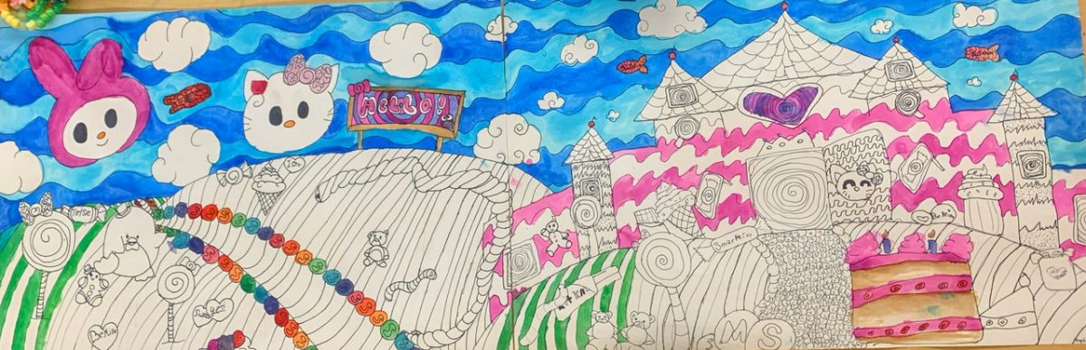 Pink and pencil outlined Hello Kitty world. A blue sky with white clouds is behind.