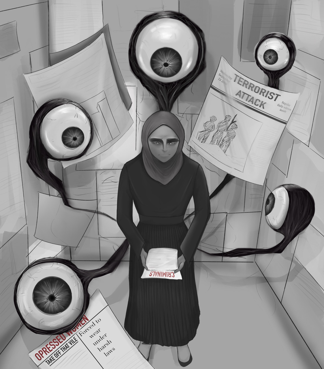 A digital media print of a woman sitting wearing a hijab. Surrounding her are eyeballs facing the person sitting and news articles that read: Oppressed Women and Terrorist Attack