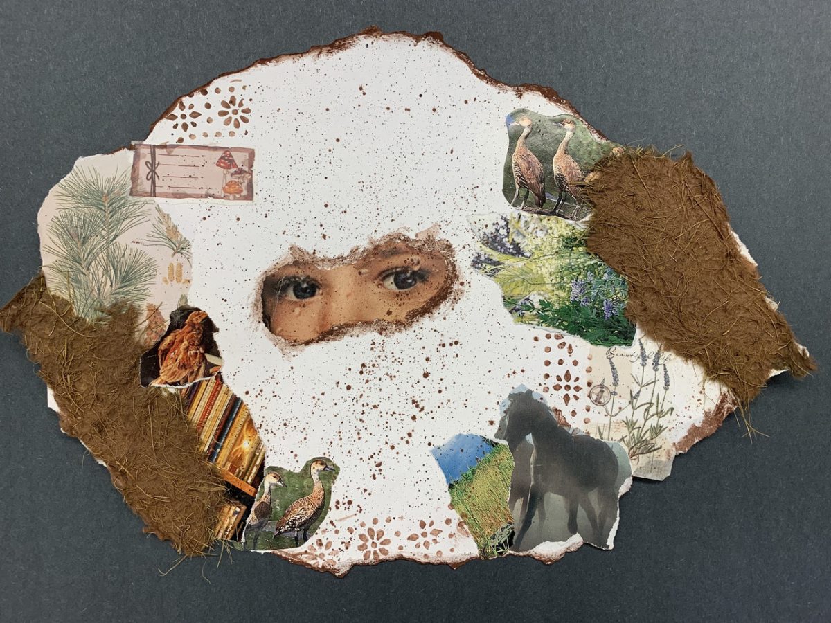 Collage on a black background. In the center is a set of human eyes on speckled white paper. Surrounding it are natural images including a horse and a bird.