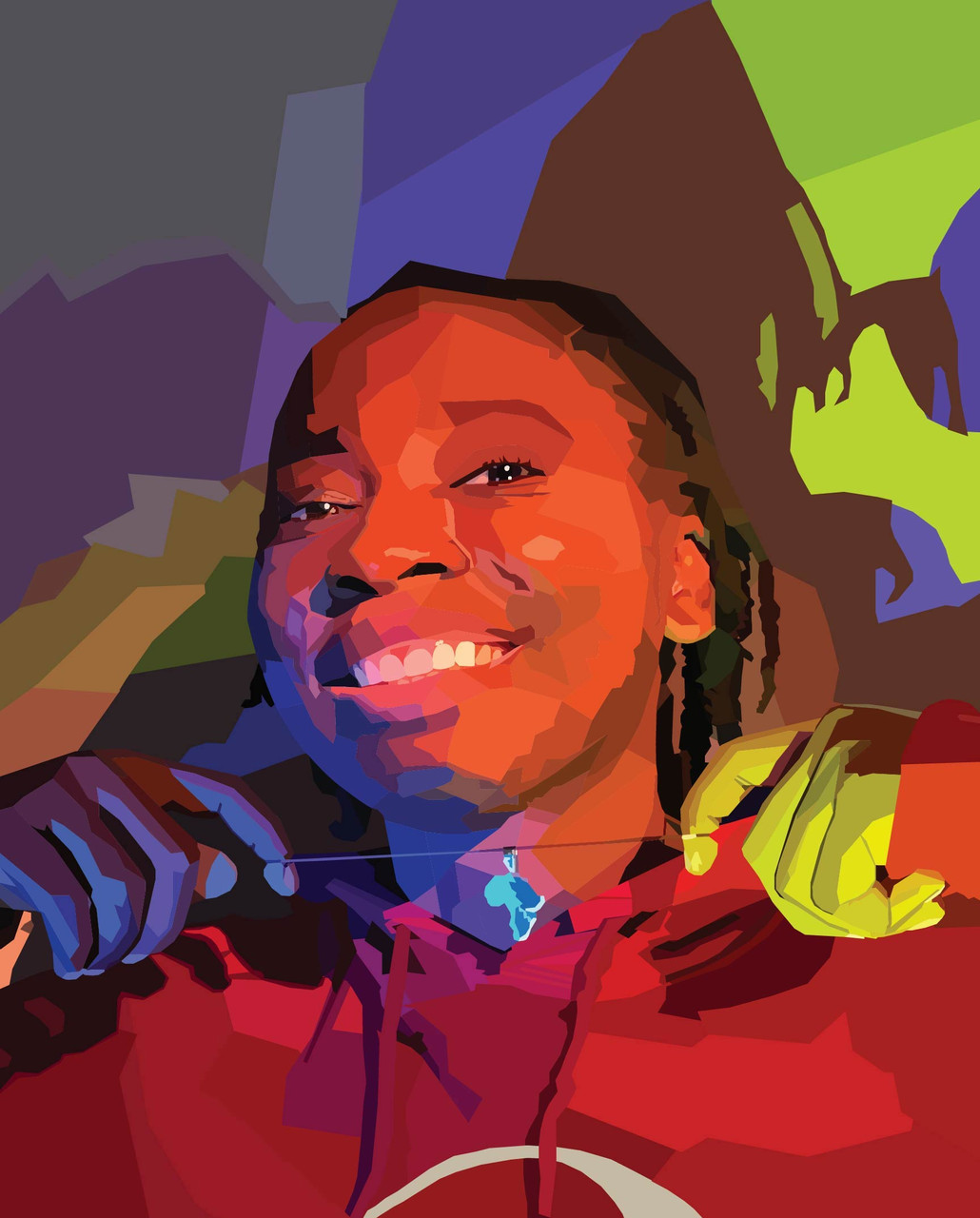 A black woman surrounded by shards of color.